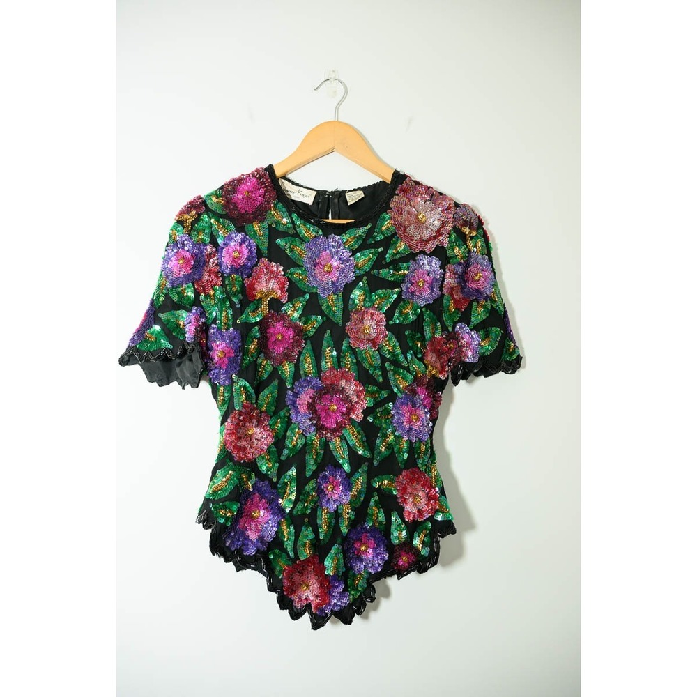 Laurence Kazar Beaded Top M Black Floral Sequin Silk Vintage Evening